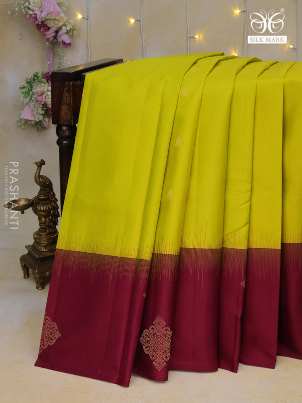 Pure kanchipuram silk saree lime yellow and maroon with zari woven buttas and zari woven butta border