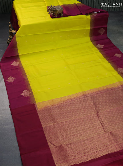 Pure kanchipuram silk saree lime yellow and maroon with zari woven buttas and zari woven butta border