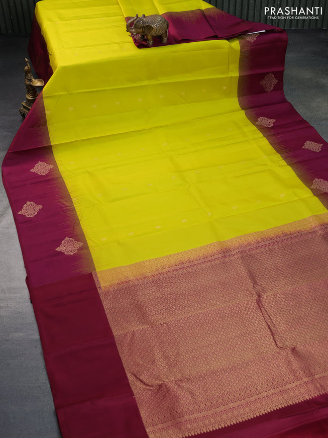 Pure kanchipuram silk saree lime yellow and maroon with zari woven buttas and zari woven butta border