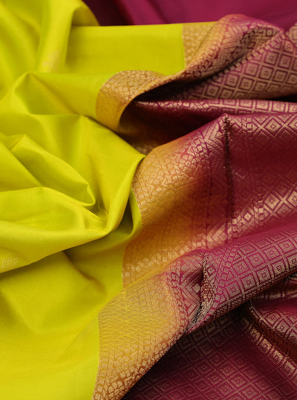 Pure kanchipuram silk saree lime yellow and maroon with zari woven buttas and zari woven butta border