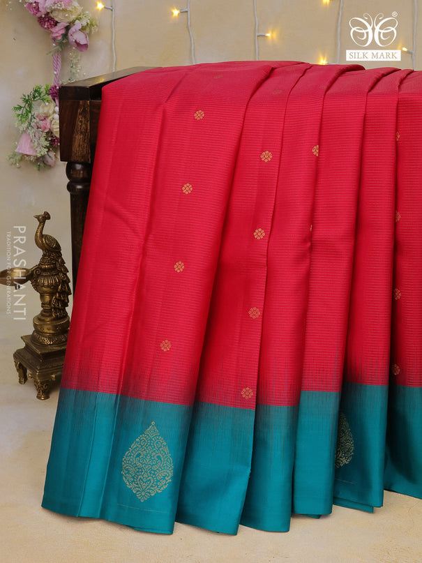 Pure kanchipuram silk saree pink and green with allover zari weaves and zari woven butta border