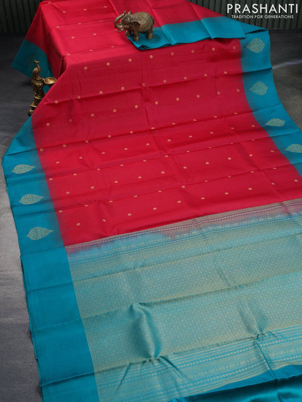 Pure kanchipuram silk saree pink and green with allover zari weaves and zari woven butta border