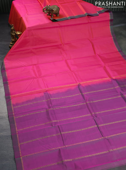 Pure kanchipuram silk saree dual shade of pinkish orange and dual shade of green with zari woven buttas and zari woven simple border