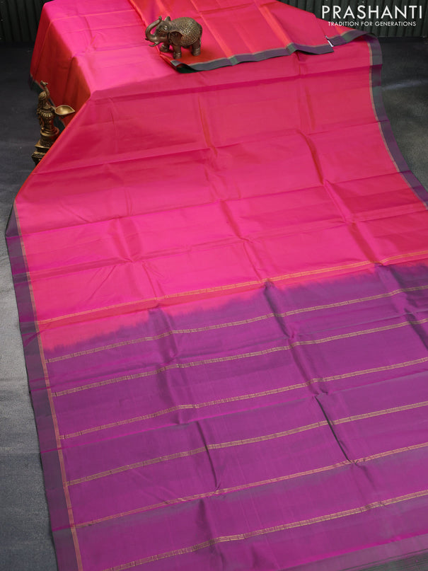 Pure kanchipuram silk saree dual shade of pinkish orange and dual shade of green with zari woven buttas and zari woven simple border