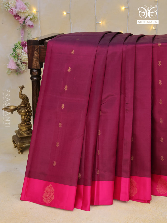 Pure kanchipuram silk saree dark magenta pink and pink with zari woven buttas and zari woven butta border