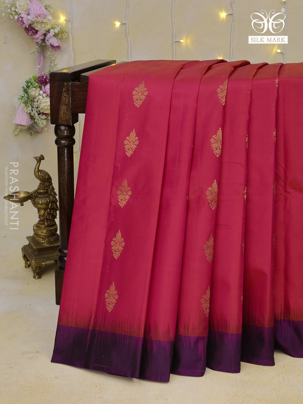 Pure kanchipuram silk saree dual shade of pink and violet with zari woven buttas and simple border