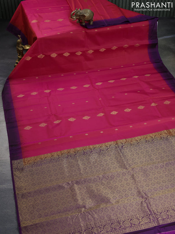 Pure kanchipuram silk saree dual shade of pink and violet with zari woven buttas and simple border