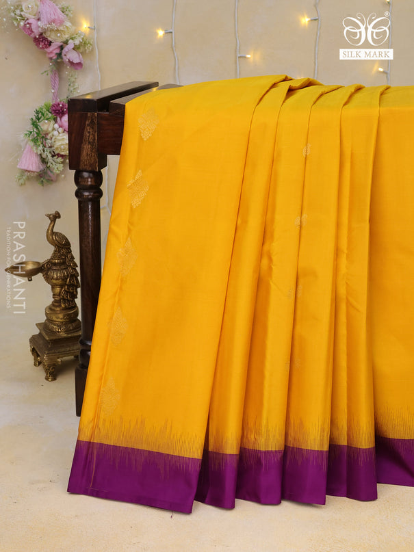 Pure kanchipuram silk saree mustard yellow and purple with zari woven buttas and simple border