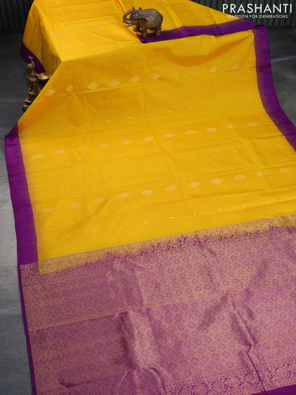 Pure kanchipuram silk saree mustard yellow and purple with zari woven buttas and simple border