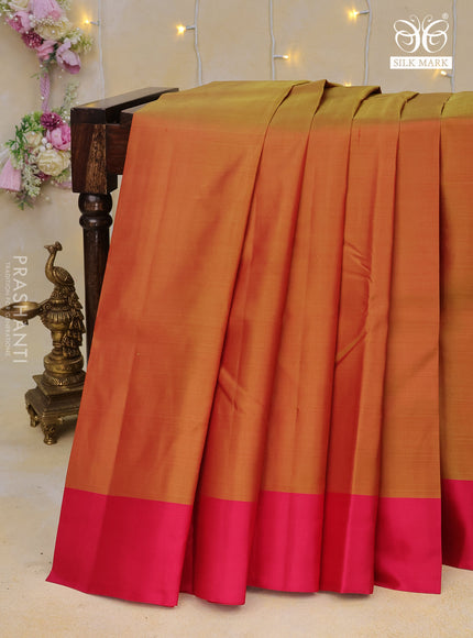 Pure kanchipuram silk saree dual shade of mustard and pink with plain body and simple border