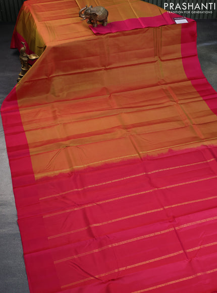 Pure kanchipuram silk saree dual shade of mustard and pink with plain body and simple border