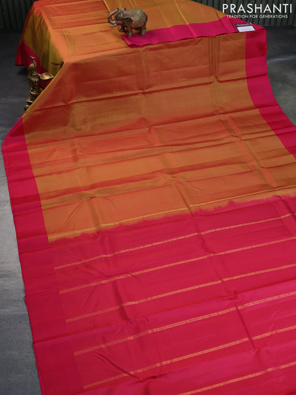 Pure kanchipuram silk saree dual shade of mustard and pink with plain body and simple border