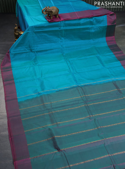 Pure kanchipuram silk saree teal blue and dual shade of pink with plain body and simple border