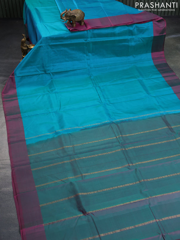 Pure kanchipuram silk saree teal blue and dual shade of pink with plain body and simple border