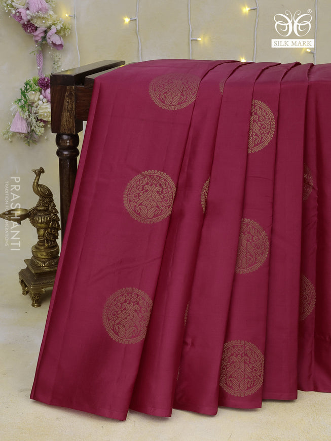 Pure kanchipuram silk saree pink and dark green with zari woven buttas in borderless style