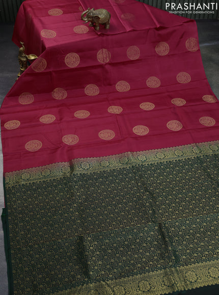 Pure kanchipuram silk saree pink and dark green with zari woven buttas in borderless style