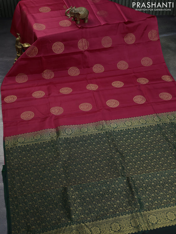 Pure kanchipuram silk saree pink and dark green with zari woven buttas in borderless style