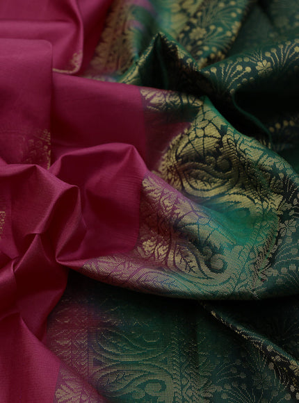 Pure kanchipuram silk saree pink and dark green with zari woven buttas in borderless style