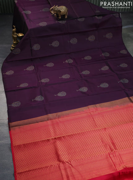 Pure kanchipuram silk saree deep jamun shade and red with zari woven buttas in borderless style