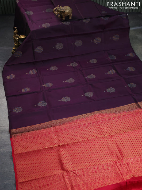 Pure kanchipuram silk saree deep jamun shade and red with zari woven buttas in borderless style