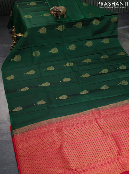 Pure kanchipuram silk saree green and red with zari woven buttas in borderless style