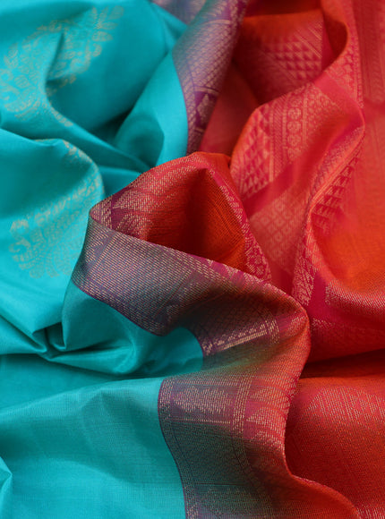 Pure kanchipuram silk saree teal blue and dual shade of pinkish orange with zari woven buttas in borderless style