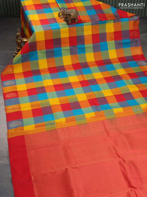 Pure kanchipuram silk saree multi colour and red with paalum pazhamum checked pattern and zari woven butta border