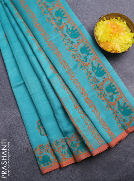 Silk cotton block printed saree teal blue and orange with elephant butta prints and printed border