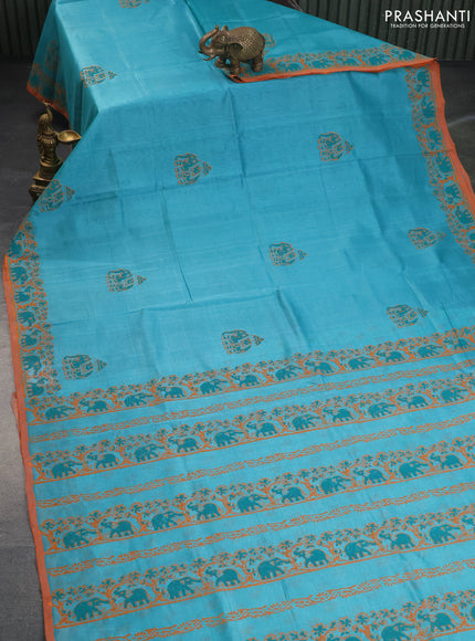 Silk cotton block printed saree teal blue and orange with elephant butta prints and printed border