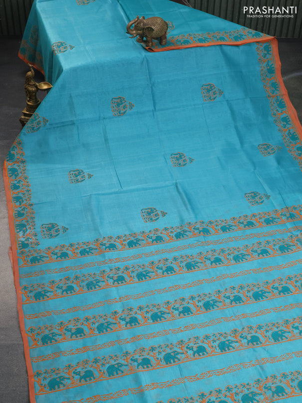 Silk cotton block printed saree teal blue and orange with elephant butta prints and printed border