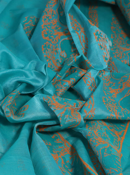 Silk cotton block printed saree teal blue and orange with elephant butta prints and printed border