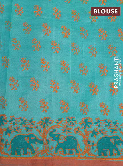 Silk cotton block printed saree teal blue and orange with elephant butta prints and printed border