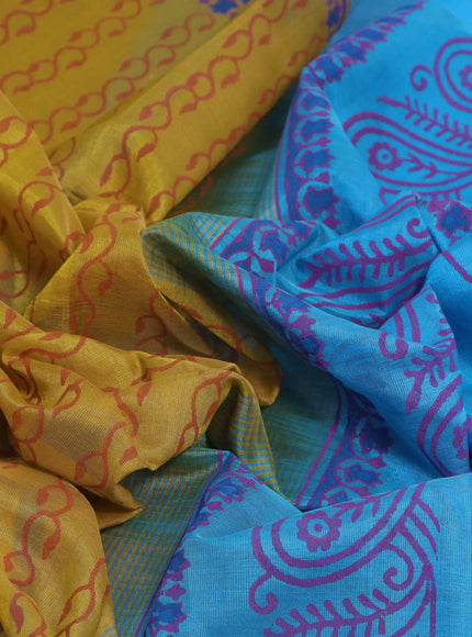 Silk cotton block printed saree mustard shade and blue with allover prints and printed border