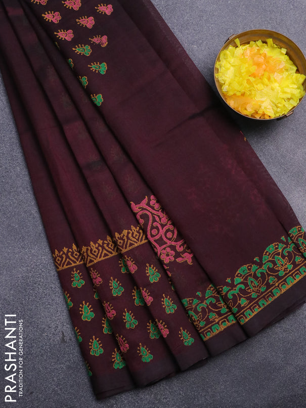 Silk cotton block printed saree deep maroon with floral butta prints and printed border