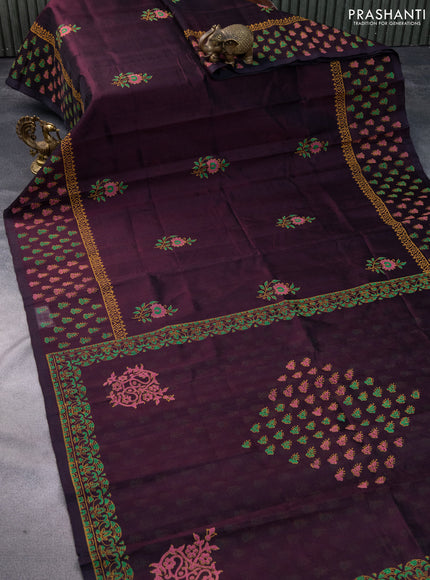 Silk cotton block printed saree deep maroon with floral butta prints and printed border