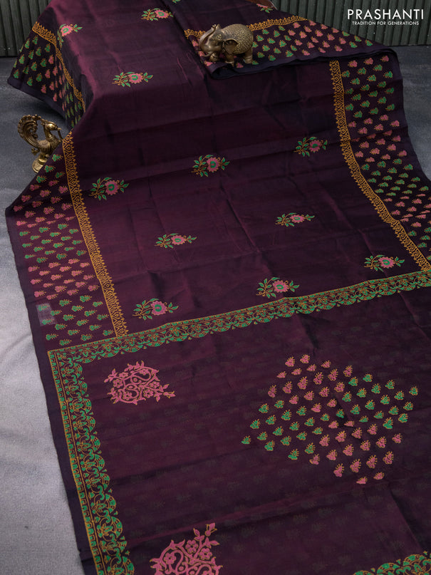 Silk cotton block printed saree deep maroon with floral butta prints and printed border