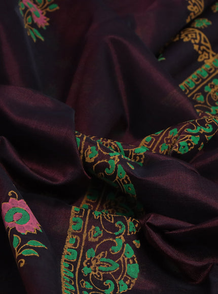 Silk cotton block printed saree deep maroon with floral butta prints and printed border