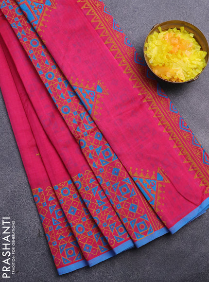 Silk cotton block printed saree pink and blue with butta prints and printed border