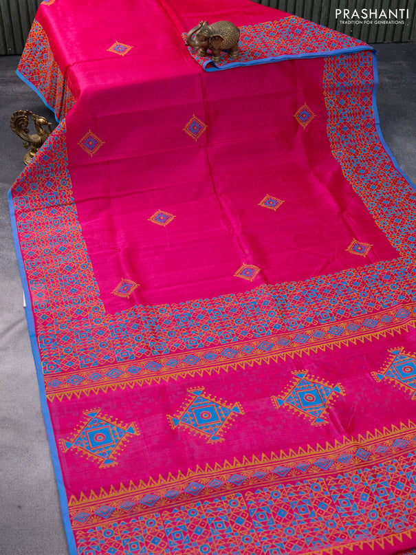 Silk cotton block printed saree pink and blue with butta prints and printed border