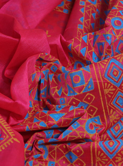 Silk cotton block printed saree pink and blue with butta prints and printed border