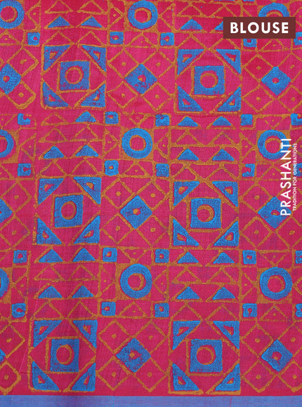 Silk cotton block printed saree pink and blue with butta prints and printed border