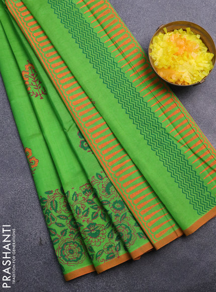 Silk cotton block printed saree parrot green and orange with butta prints and printed border