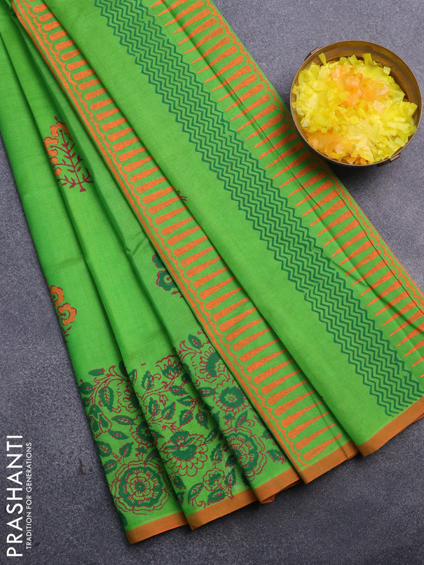 Silk cotton block printed saree parrot green and orange with butta prints and printed border