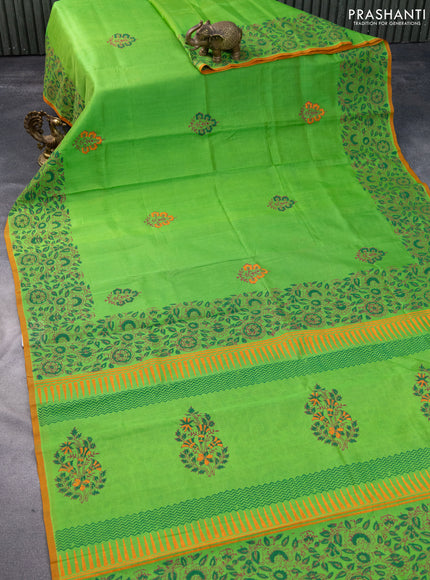 Silk cotton block printed saree parrot green and orange with butta prints and printed border