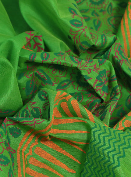 Silk cotton block printed saree parrot green and orange with butta prints and printed border