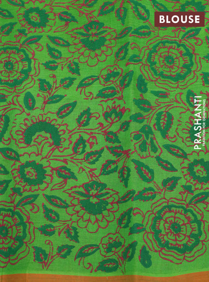 Silk cotton block printed saree parrot green and orange with butta prints and printed border