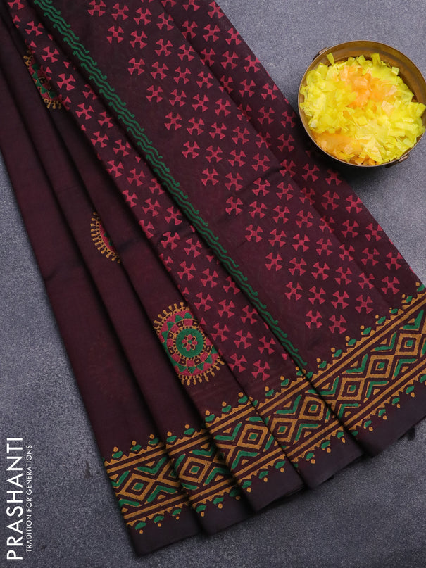 Silk cotton block printed saree jamun shade with butta prints and printed border