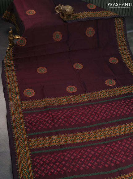 Silk cotton block printed saree jamun shade with butta prints and printed border