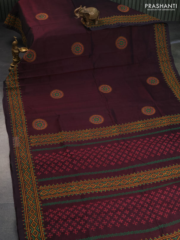 Silk cotton block printed saree jamun shade with butta prints and printed border