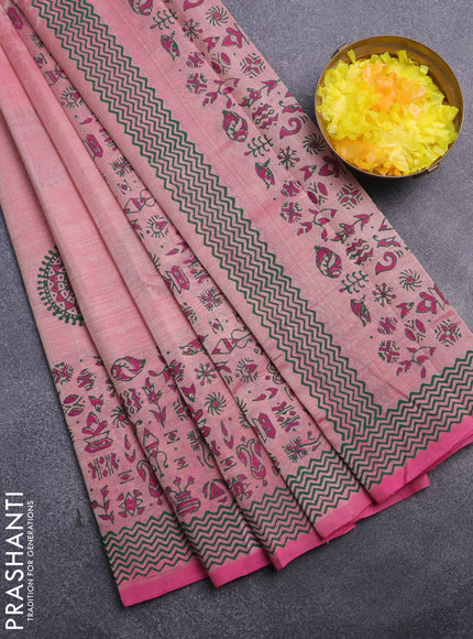 Silk cotton block printed saree dual shade of pink with warli butta prints and printed border